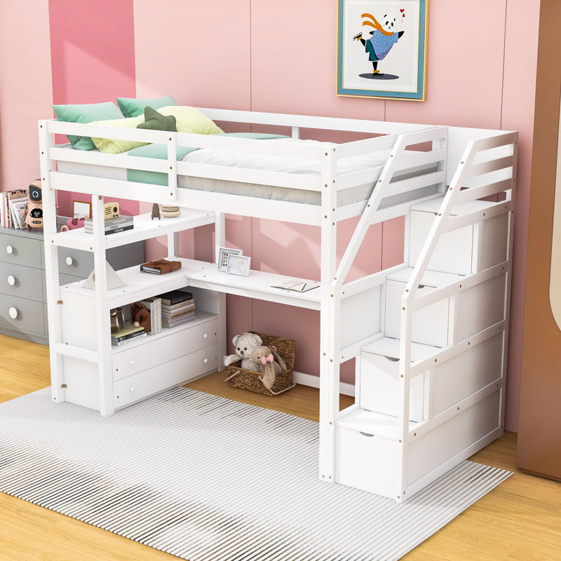 Lit mezzanine avec bureau intégré, escalier de rangement et tiroirs doubles, tablettes, Simple, Blanc
