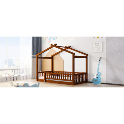 Walnut Twin House Bed Frame With Fence, Creating A Joyful Space For Size Wood Color Peaceful Bedroom