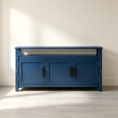 Armoire buffet 55,1 po en bois de pin avec 3 portes de rangement, armoire avec deux espaces de rangement, bar à café avec poignées en métal et rivets en métal exposés pour la salle à manger, la cuisine et le salon