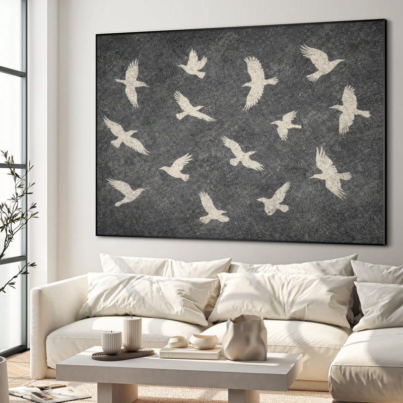 Très grande reproduction d'art sur tissu - Motif d'oiseaux volants gris - Décoration de salon côtière - "Assemblage requis (cadre non fini)"