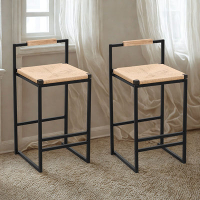 Set of 2 Bar Stools with Back Paper Rope Woven Counter Height Dining Chairs for Kitchen, Home (Paper Rope with Back)