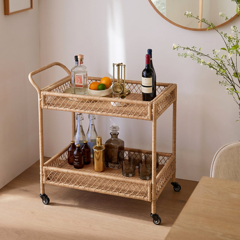 Chariot-bar extérieur en osier PE avec porte-bouteilles et roulettes verrouillables Ashen, Naturel