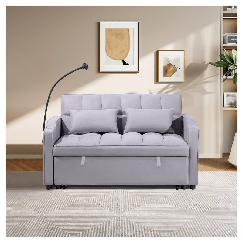 Canapé-lit moderne pliable multifonctionnel avec dossier réglable, port USB et support de téléphone rotatif - Tissu en suède gris amélioré