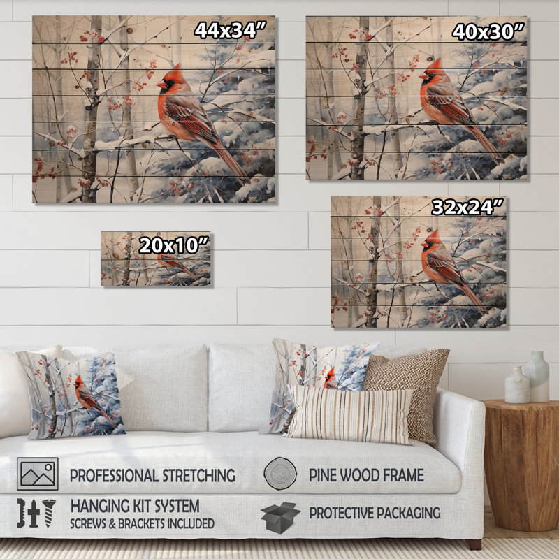 «Jaywanna Canada», cardinal rouge, Winter Wonderland I sur bois, H 30 po x l 40 po x P 0,78 po