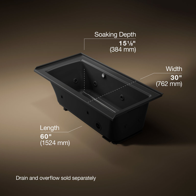 Baignoire tourbillon en alcôve Archer de 60 po x 30 po avec surface chauffée et drain droit