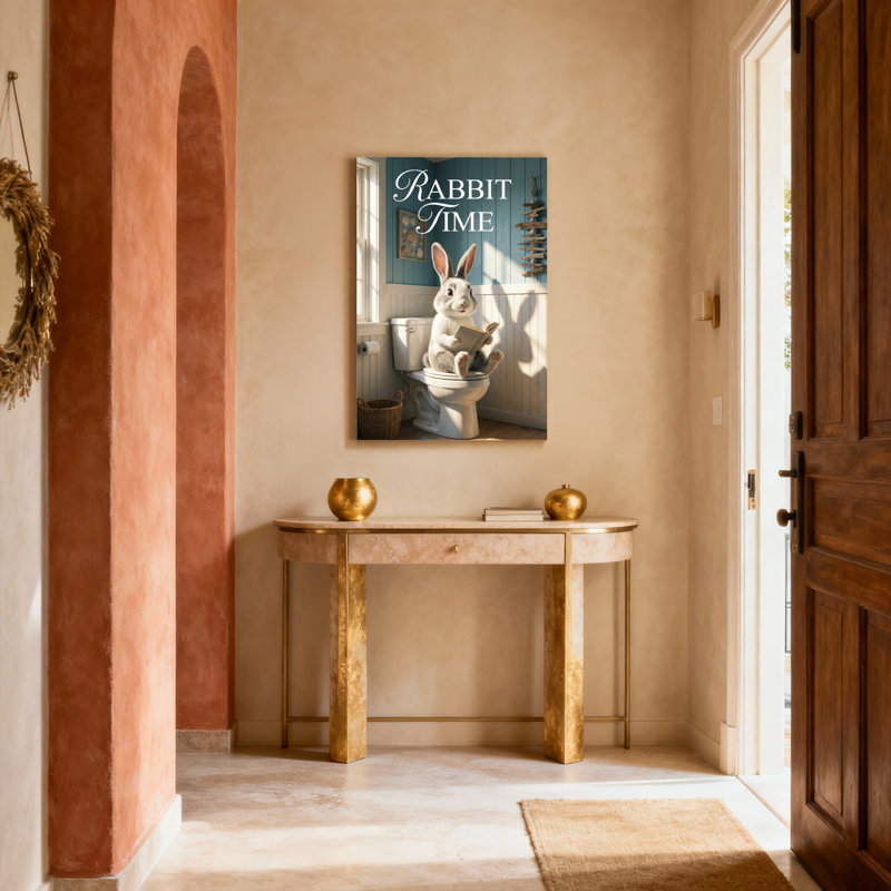 Tableau sur toile représentant un lapin lisant sur les toilettes (lot de 1), H 24 po x l 16 po