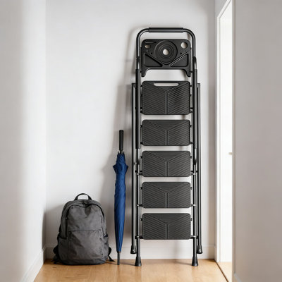 5-Step Folding Ladder With Tool Platform, 500 Lbs Capacity Steel Step Stool, Safe-Lock Design, Wide Anti-Slip Pedals & Handrail For Household, Kitchen, And Workshop Use