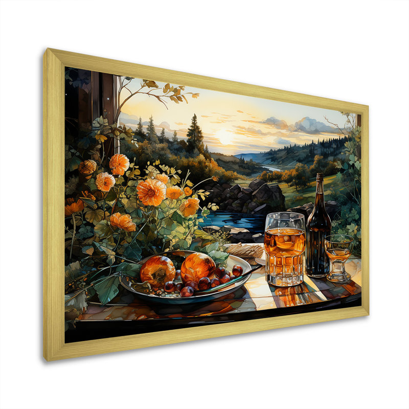 Repas de pique-nique, charme sur toile, Cadre doré simple, H 12 po x l 20 po x P 1 po