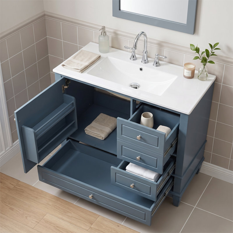 Meuble-lavabo autoportant de 91 cm (36 po) en bois massif et MDF, couleur gris-bleu, avec lavabo en céramique intégré et rangements.