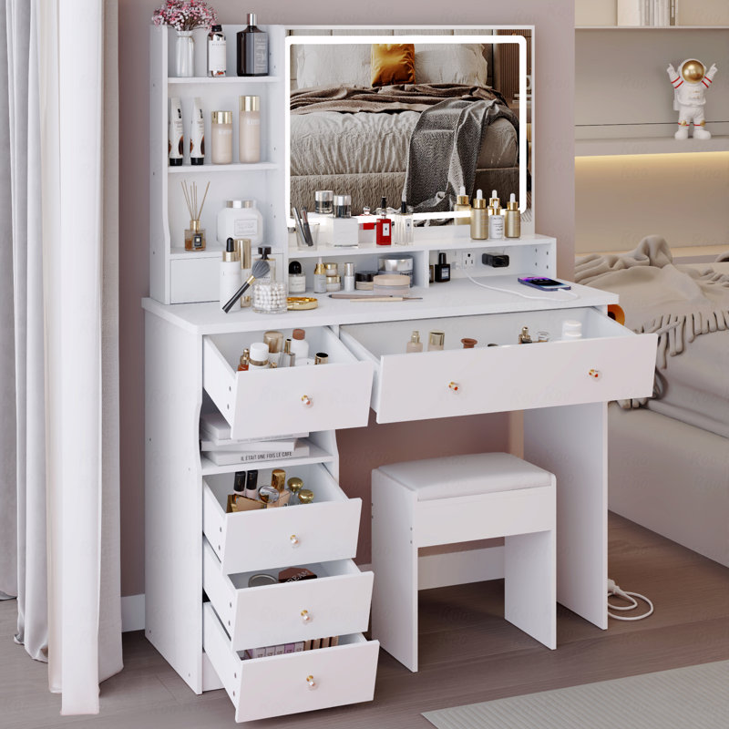 41" Large Size Left Drawer Desktop Vanity Table+Cushioned Stool Dresser Set, 2 Ac+2 Usb Power Station, Hair Dryer Stand, Extra Large Touch Control Led Mirror, 3-Color Switch, Epa, Gcc, Ul Certificate