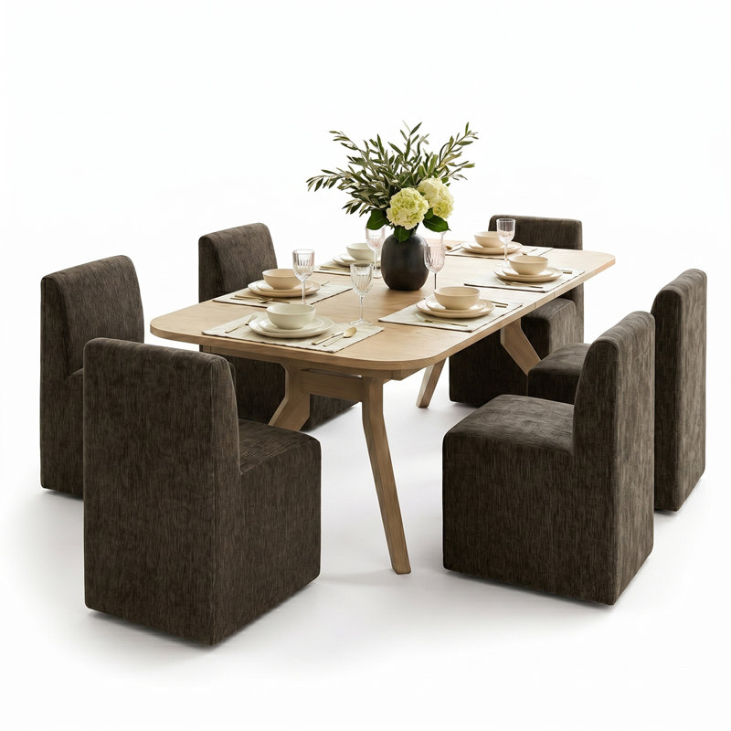 Ensemble de table de salle à manger extensible de 244 cm (96 po) avec 6 chaises de salle à manger rembourrées en chenille et à roulettes