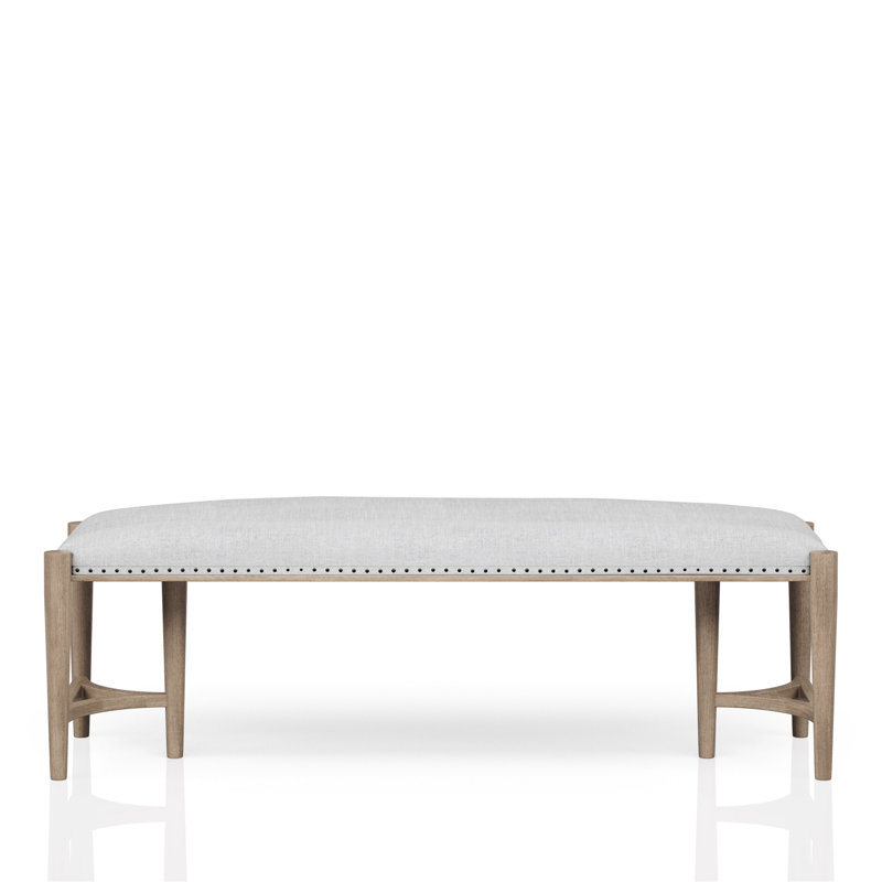Distinctive Sand Colored Bench, Upholstered Seat, Triad Bases, Unique Design Bench For Seating Area, Bases