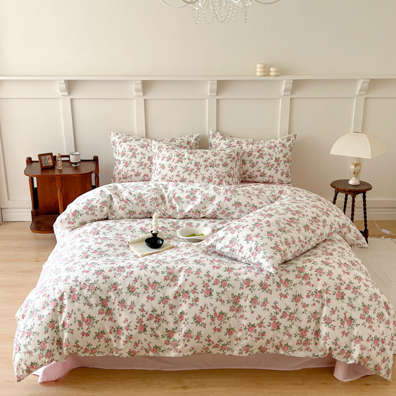 Microfiber Comforter Set, Full Comforter + 2 Standard Shams, White/Pink/Green Floral