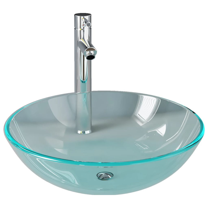 Symple Stuff Agustus 42mm L x 420mm W Glass Circular Countertop Basin Sink with Tap and Overflow, Transparent/Chrome