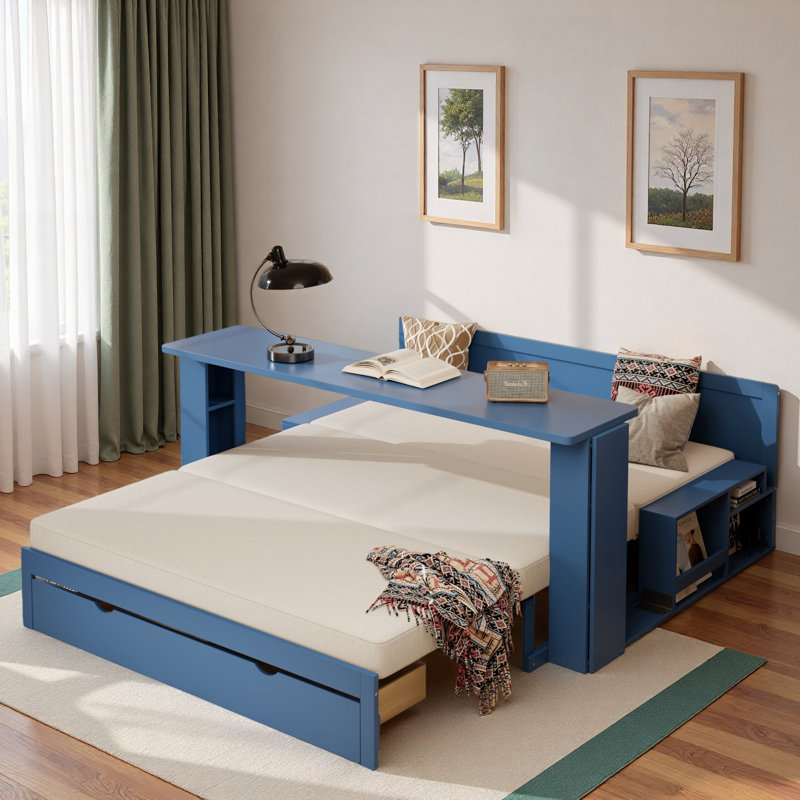 Multifunctional Daybed With Storage Drawer, Open Compartments And Hydraulic Side Table, Blue