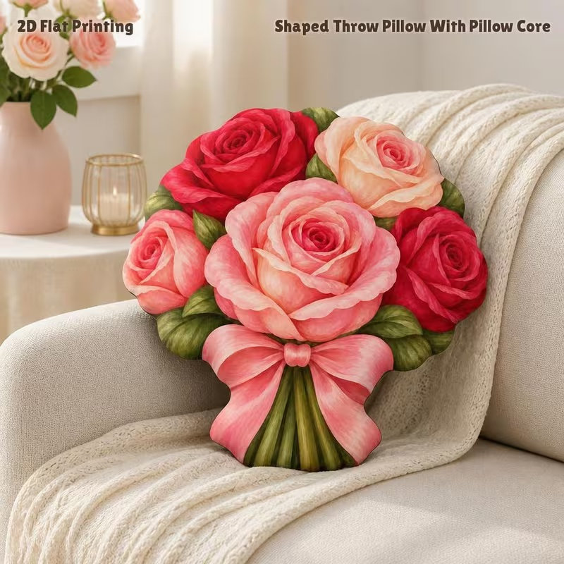 2D Flat Watercolor Rose Bouquet Plant Lover Gift 2D Flat Printed Shaped Filling Pillow Decorative Cushion, Suitable for Sofa Bed Dressing Table Chair, And Romantic Room Decor Shape Inspiration 40cm