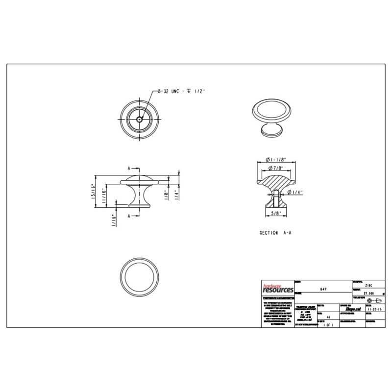 Watervale 1 1/8" Diameter Mushroom Knob, Satin Nickel