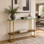 Console à deux niveaux, style moderne du milieu du siècle, avec plateau en verre transparent.