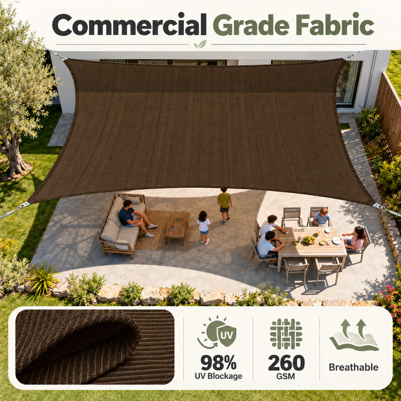 Reinforced Super Ring Rectangle Outdoor Sun Shade Sail, 20' W x 24' L, Brown