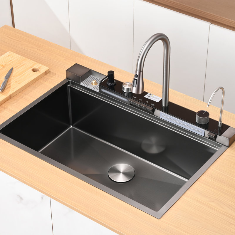 Évier de cuisine à simple cuve encastrable en acier inoxydable 33 po x l 22 po avec affichage numérique 33 po, Noir