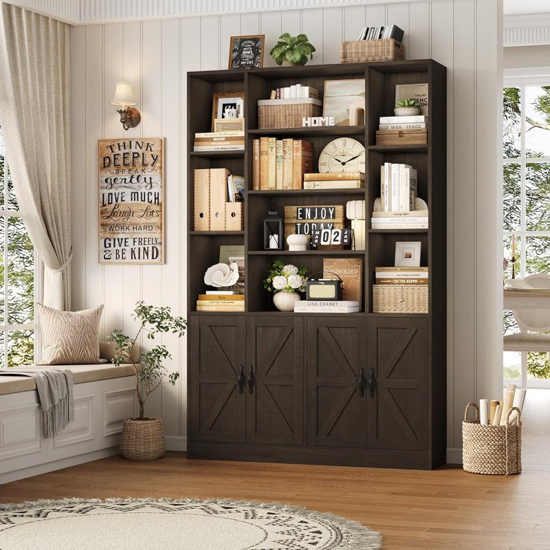 75” Tall Book Shelf and Bookcase, Bookshelf with Storage Cabinet, 47” Wide Bookcase with 4 Doors, Standing Display Shelves, Modern Farmhouse Book Case for Living Room, Home Office, Dark Brown