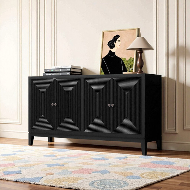 Buffet de 59,8 po noir avec lignes verticales et tablettes réglables - Rangement pour le salon, le vestibule et le bureau