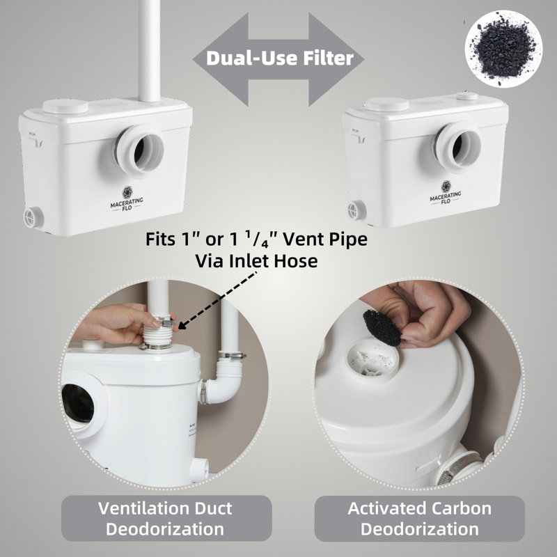 Toilette à montage vertical 600 W pour sous-sol MaceratingFlo, cuvette 16,5 po, deux tuyaux d'extension inclus