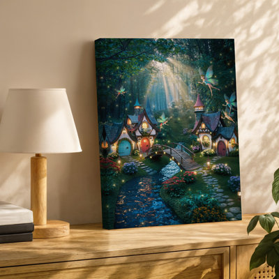 Canvas A Whimsical Fairy Village Nestled In A Lush Enchanted Forest Wall Art Featuring Charming Intricately Designed Cottages With Canvas Wall Art