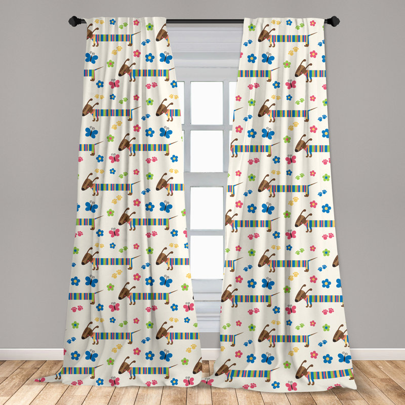 Dog Lover Window Curtains, Wiener Dog Cartoon Dachshund Puppy with Striped Pajamas Flowers and Butterflies, Lightweight Decorative Panels Multicolor Semi-Sheer Rod Pocket Sliding Panel (Set of 2)