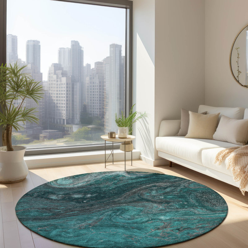 Alfonzo Stain Resistant Abstract Area Rug, Round 8'