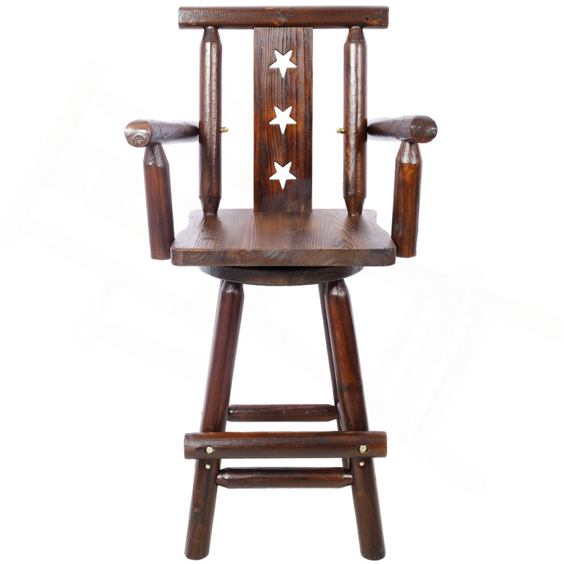 Tabouret de bar rustique - Fabrication en bois de sapin, chaise avec dossier en étoile décorative, repose-pieds, accoudoirs larges, tabouret de cuisine rustique, chaise de bistro haute pour salle à manger, restaurant, pub, 4 pieds, couleur brune