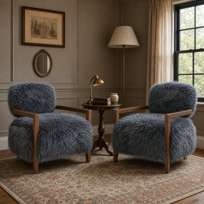 2-Pieces Modern Faux Fur Accent Chair With Wooden Arms Upholstered Comfy Bedroom Chair Soft Armchair For Living Room, Bedroom