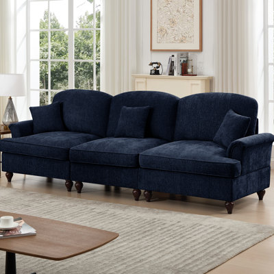 Adriell Mid Century Blue 3 Seater With Spindle Legs, Detachable Ruffles, And Curved Cushion Back For A Relaxed Lifestyle - Soft Chenille Home Decorating Sitting Decor