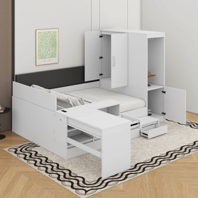Lit plateforme double en bois avec tiroirs, bureau et tablettes