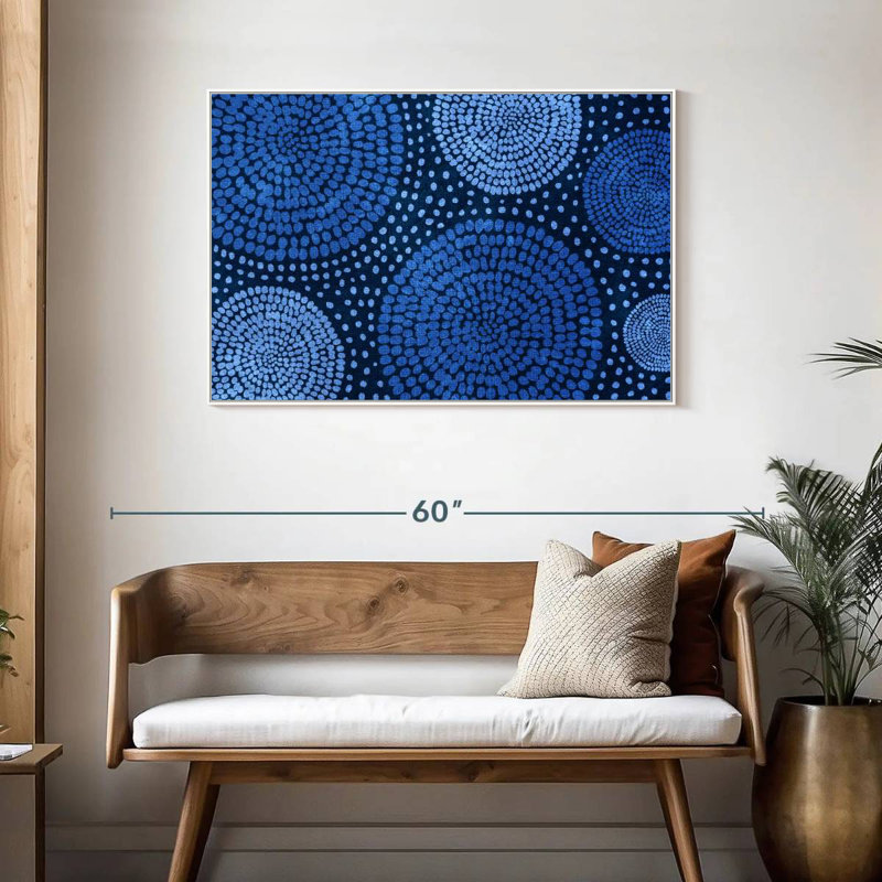 Blue African Circles, Floating Frame White, 43" X 29"
