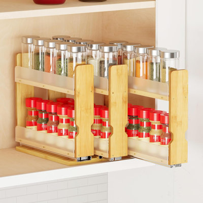 Bamboo Pull Out Spice Rack Organizer – 2-Tier Slide Out Cabinet Storage, 3 Drawers (2" Wide Each), 7.6" Width, Natural Wood Finish