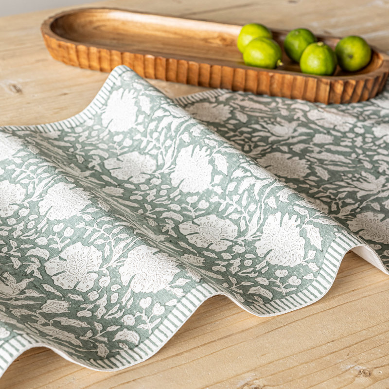 over&back Hand-Blocked Printed Cotton Table Runner, Green Floral, 18" W x 108" L