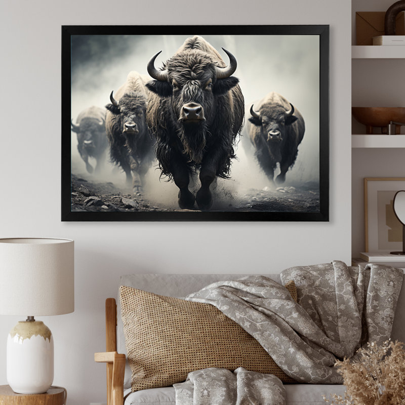 «Gray Buffalo Gentle Guardians I», art mural Buffalo, Cadre simple noir, H 24 po x l 32 po x P 1 po