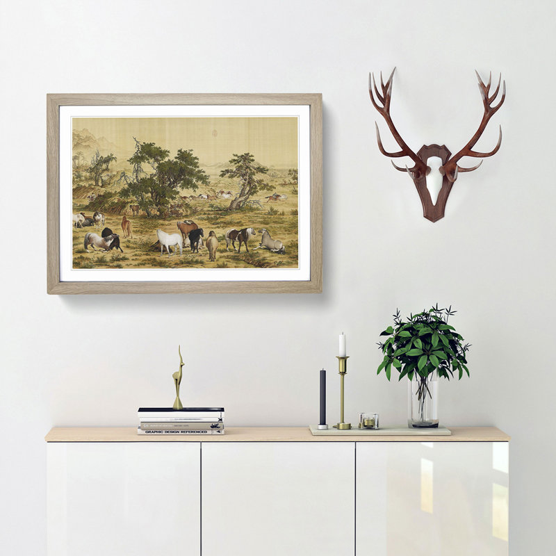 One Hundred Horses by Lang Shining - Picture Frame Painting Print, 48cm H x 65cm W x 2cm D, Oak Framed