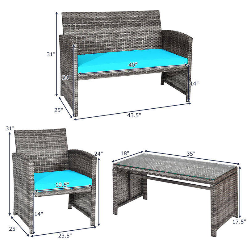 4 - Person Patio Conversation Set with Cushions, Turquoise