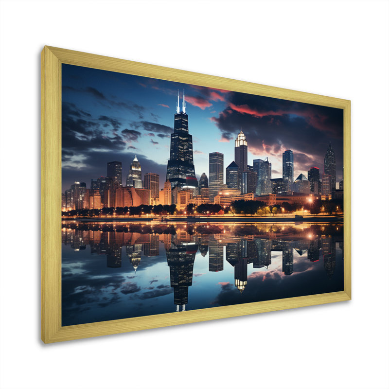 Chicago, beau paysage urbain II - art mural Chicago, H 16 po x l 32 po, Cadre photo unique, Doré