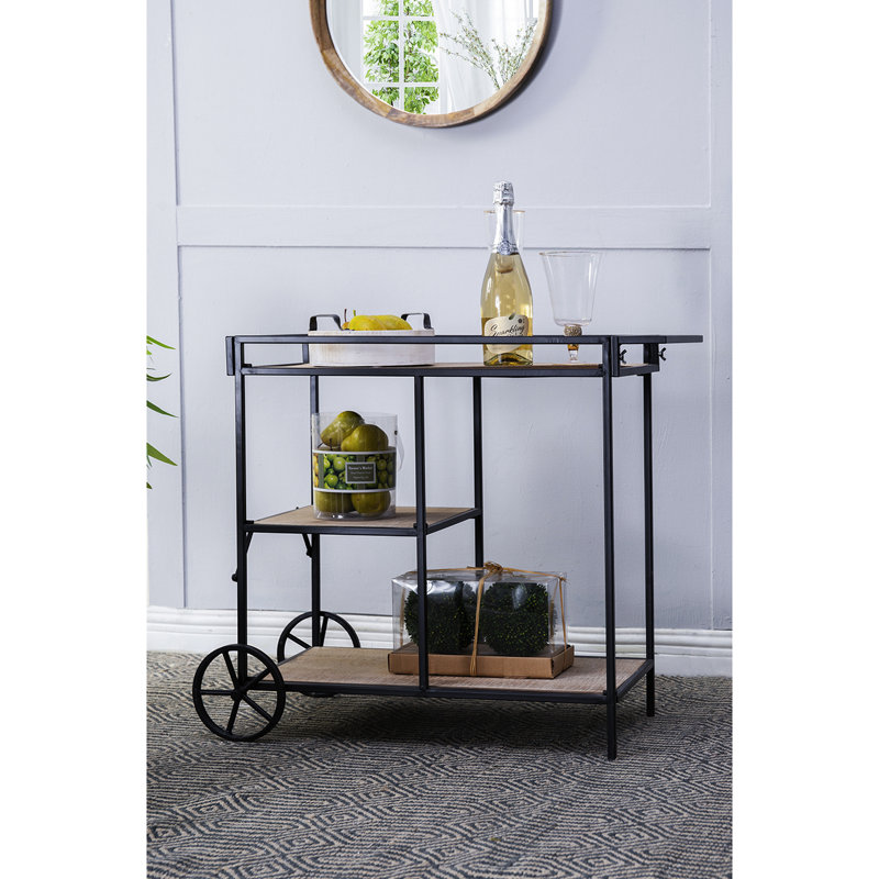 Chariot-bar moderne avec 3 cadres en bois et en métal noir, 32,3 x 15,7 x 26,8, 32,3 x 15,7 x 26,8 po supportant trois sections de rangement élégantes