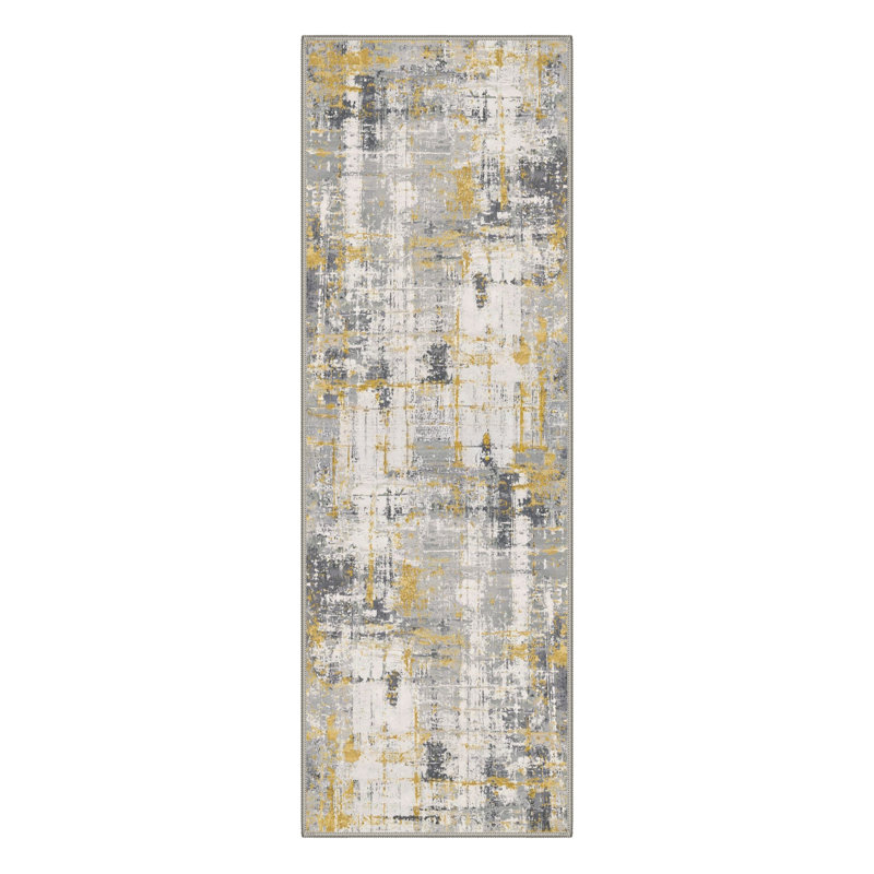 Modern Brush Strokes Machine Washable Gilded Slate Indoor Area Rug With Non-Slip Backing, Runner 2' x 6'