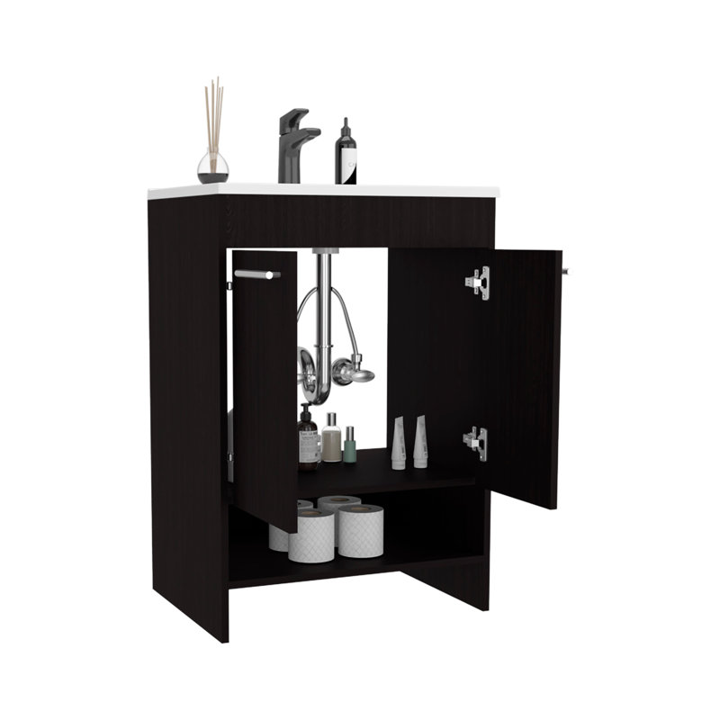 Meuble-lavabo 60 po Sophia avec quatre tiroirs et deux tablettes ouvertes, Noir, noir, noir, noir