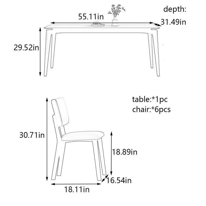 Elegant rock plate dining table and chair set, 29.52"H x 55.11"L x 31.49"W