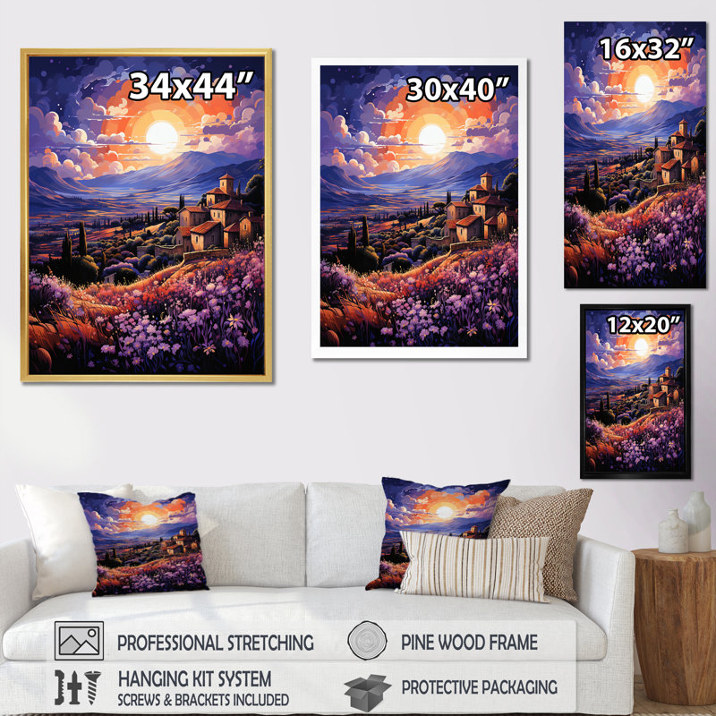 Espagne, champs de lavande I - art mural sur toile florale, H 20 po x l 12 po x P 1 po, Cadre flottant doré