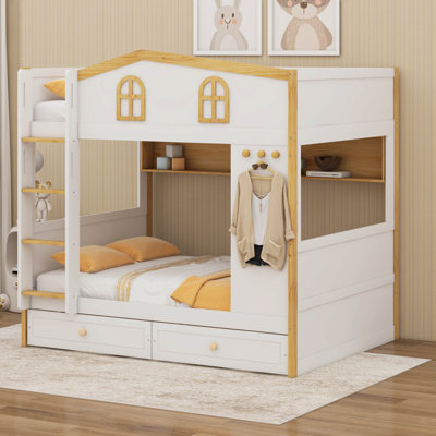 Lit superposé House avec tiroirs de rangement, lit superposé en bois avec tablettes de rangement, lits superposés Playhouse avec échelle et garde-corps en forme de maison