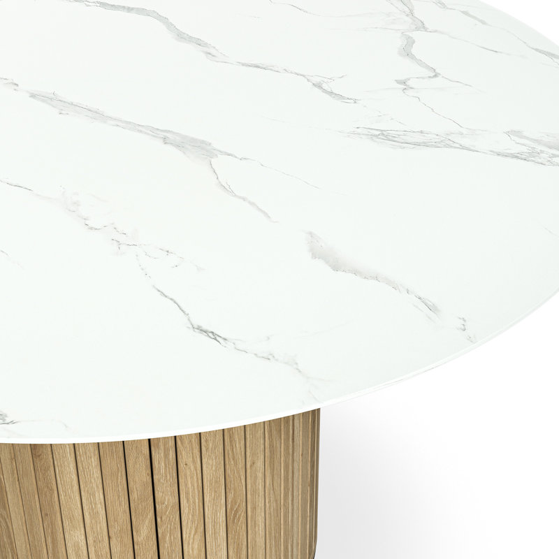 Arlo 120cm Round White Marble Dining Table, White Marble/Oak