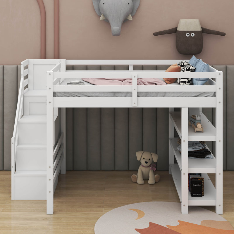 Lit mezzanine avec tablettes, escalier de rangement, petite armoire et lumière DEL blanche, H 65 po x l 95,8 po x P 57,4 po
