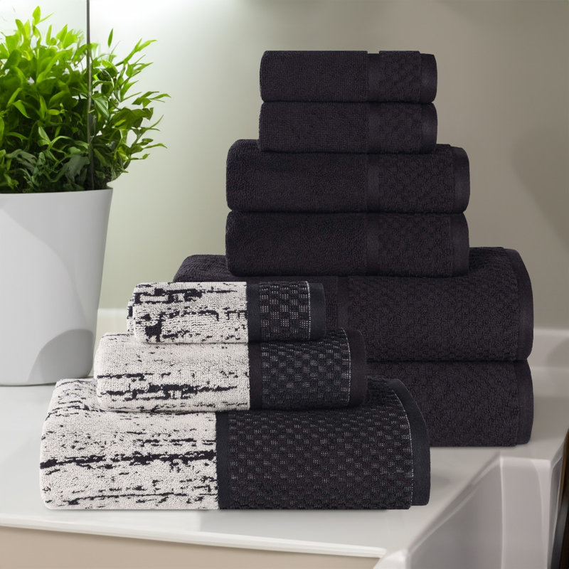 Lodie Cotton Plush Soft Absorbent Jacquard Solid and Two-Toned 9 Piece Towel Set, Black/Ivory